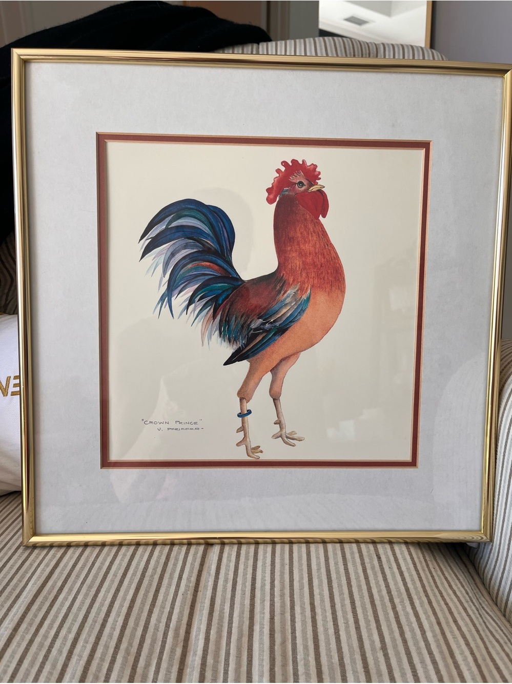 Vintage 'Crown Prince' Rooster Lithograph by V. Pfeiffer in Gold Frame 14x14